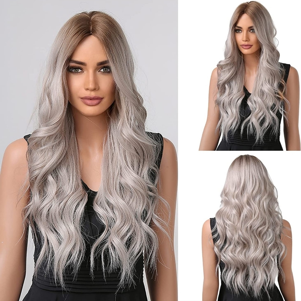 26 Inch Long Brown Gradient Silver Grey wig